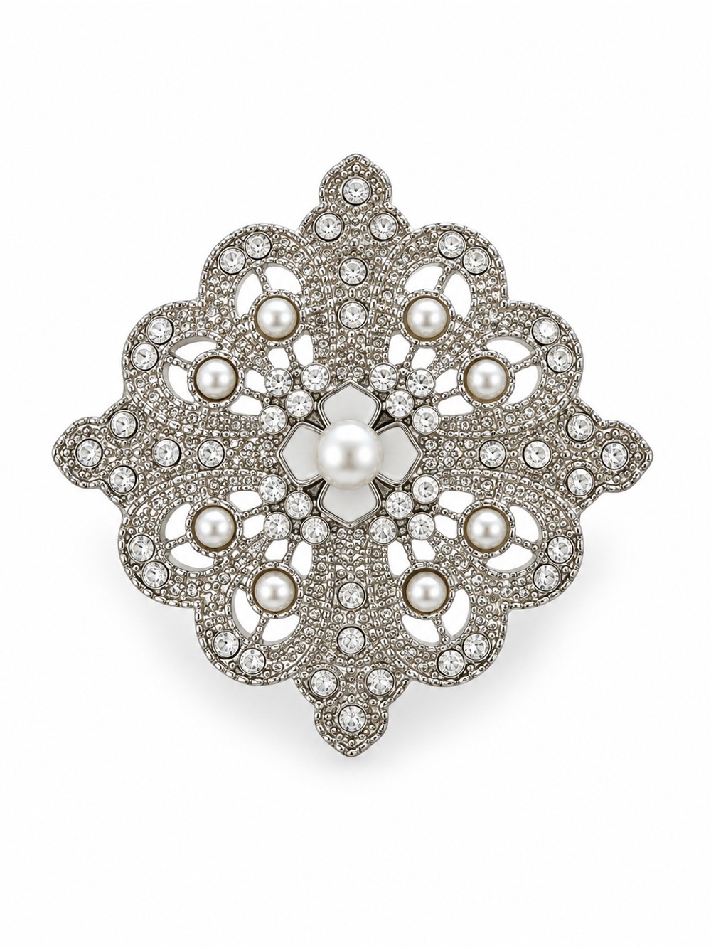Elegant Pearl & Crystal Filigree Brooch - Silver Tone